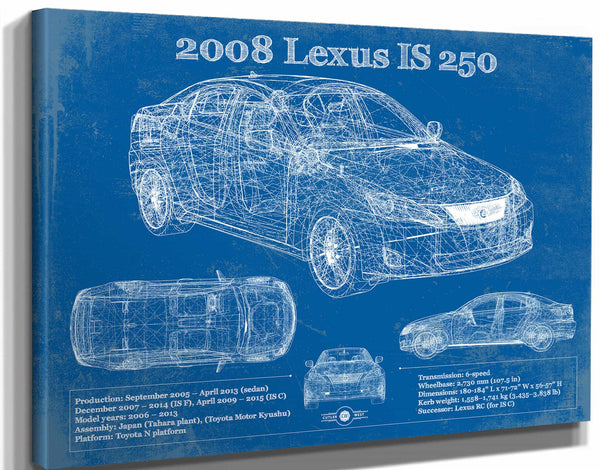 14" x 11" / Stretched Canvas Wrap Cutler West 2008 Lexus Is 250 Vintage Blueprint Auto Print