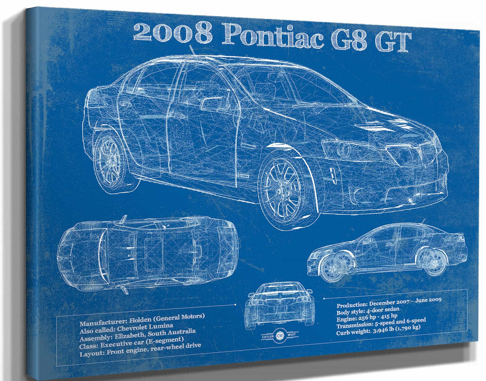 14" x 11" / Stretched Canvas Wrap Cutler West 2008 Pontiac G8 GT Blueprint Vintage Auto Print