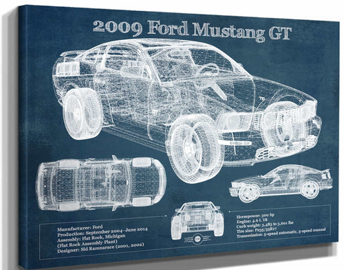 14" x 11" / Stretched Canvas Wrap Cutler West 2009 Ford Mustang GT Original Blueprint Art