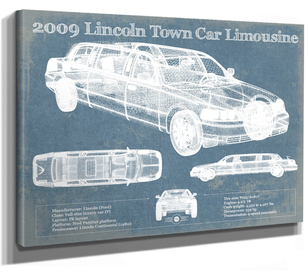 14" x 11" / Stretched Canvas Wrap Cutler West 2009 Lincoln Town Car Limousine Vintage Blueprint Auto Print