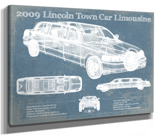 14" x 11" / Stretched Canvas Wrap Cutler West 2009 Lincoln Town Car Limousine Vintage Blueprint Auto Print