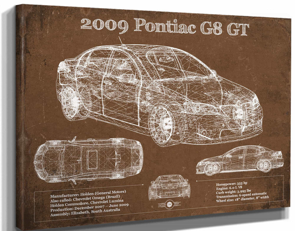 14" x 11" / Stretched Canvas Wrap Cutler West 2009 Pontiac G8 GT Blueprint Vintage Auto Print