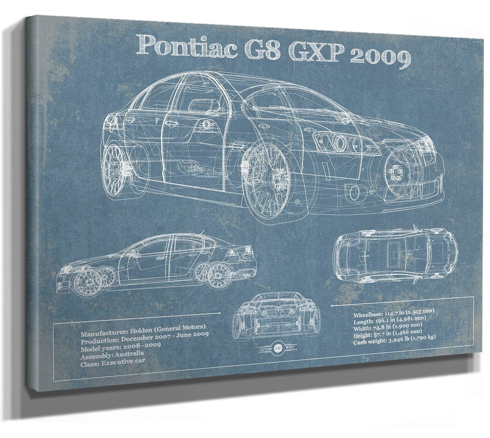 14" x 11" / Stretched Canvas Wrap Cutler West 2009 Pontiac G8 GXP Blueprint Vintage Auto Print