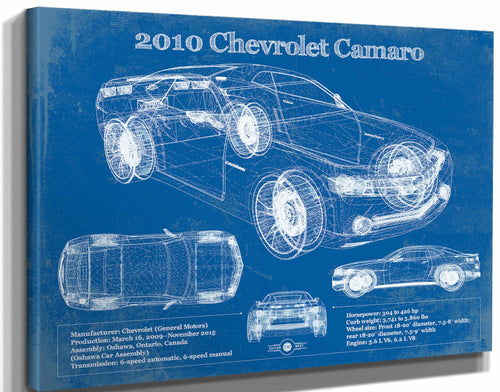 14" x 11" / Stretched Canvas Wrap Cutler West 2010 Chevrolet Camaro Vintage Blueprint Auto Print