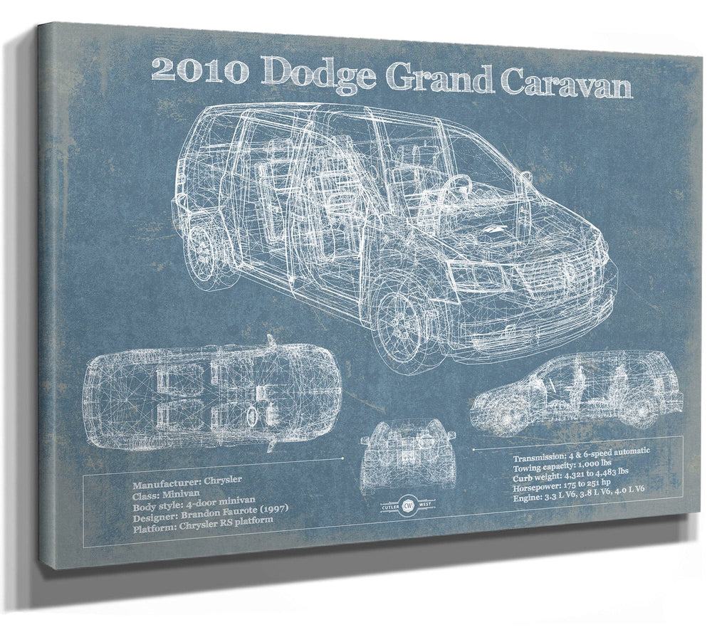 14" x 11" / Stretched Canvas Wrap Cutler West 2010 Dodge Grand Caravan Vintage Blueprint Auto Print