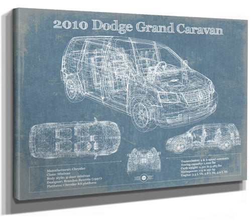 14" x 11" / Stretched Canvas Wrap Cutler West 2010 Dodge Grand Caravan Vintage Blueprint Auto Print