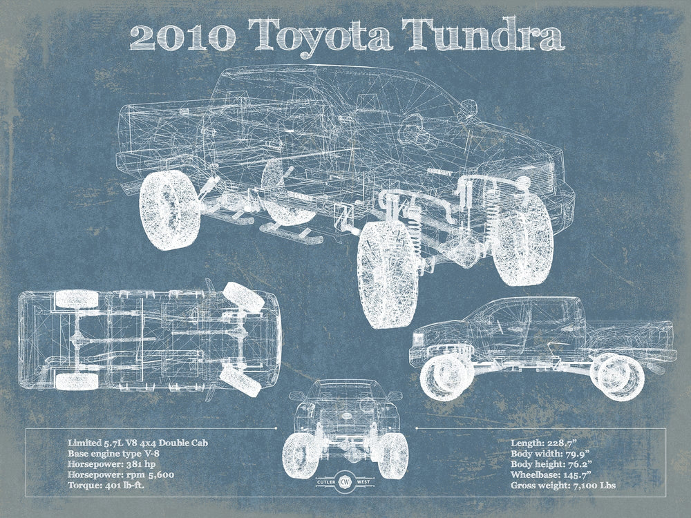 14" x 11" / Stretched Canvas Wrap Cutler West 2010 Toyota Tundra Vintage Blueprint Auto Print