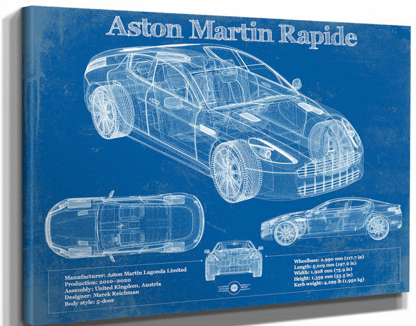 14" x 11" / Stretched Canvas Wrap Cutler West 2011 Aston Martin Rapide Vintage Blueprint Auto Print