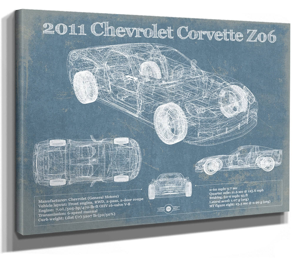 14" x 11" / Stretched Canvas Wrap Cutler West 2011 Chevrolet Corvette Z06 Carbon Limited Edition Blueprint Vintage Auto Print