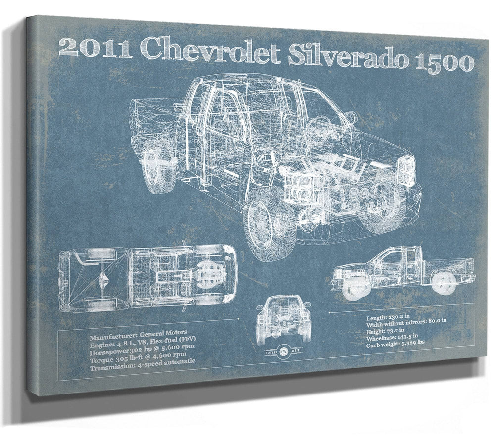14" x 11" / Stretched Canvas Wrap Cutler West 2011 Chevrolet Silverado 1500 Vintage Blueprint Auto Print