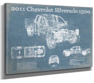 14" x 11" / Stretched Canvas Wrap Cutler West 2011 Chevrolet Silverado 1500 Vintage Blueprint Auto Print