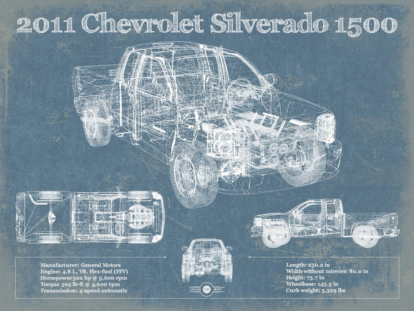 14" x 11" / Unframed Cutler West 2011 Chevrolet Silverado 1500 Vintage Blueprint Auto Print