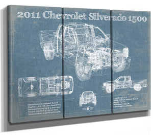 36" x 24" / 3 Panel Canvas Wrap Cutler West 2011 Chevrolet Silverado 1500 Vintage Blueprint Auto Print
