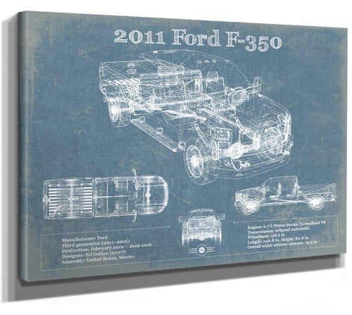 14" x 11" / Stretched Canvas Wrap Cutler West 2011 Ford F-350 Vintage Blueprint Auto Print