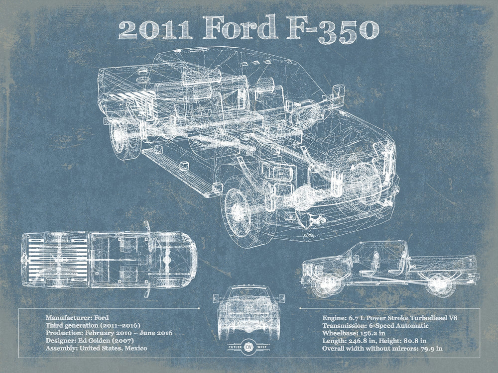 14" x 11" / Stretched Canvas Wrap Cutler West 2011 Ford F-350 Vintage Blueprint Auto Print