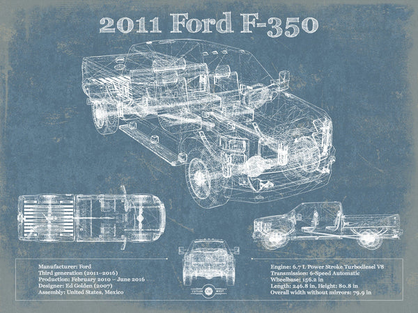 14" x 11" / Unframed Cutler West 2011 Ford F-350 Vintage Blueprint Auto Print