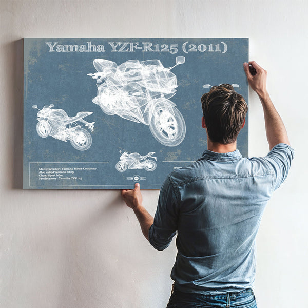 2011 Yamaha SR125 Print framed in Vintage Black above a mid-century record console