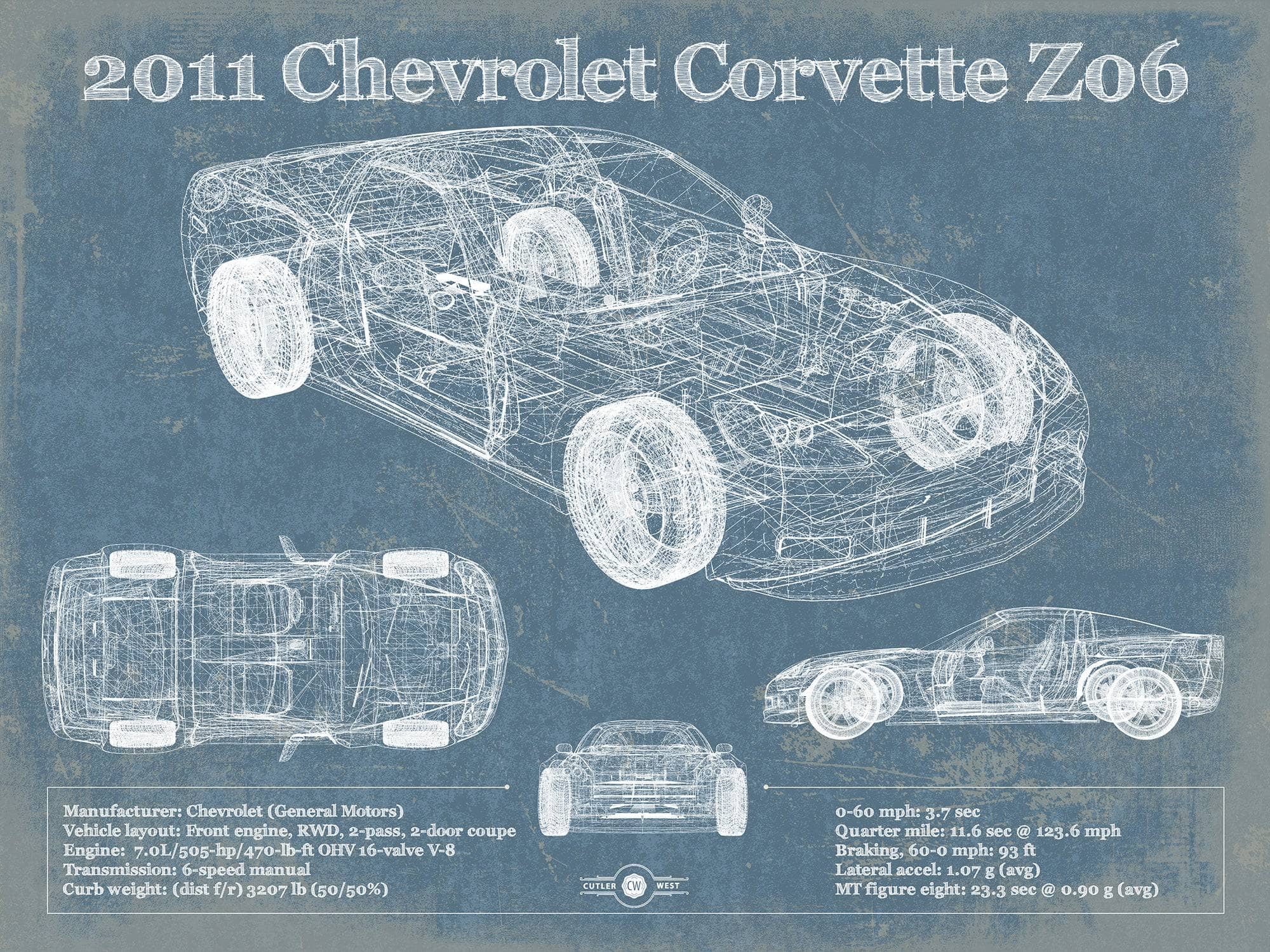 2011 Chevrolet Corvette Z06 Carbon Limited Edition Blueprint Vintage Auto Print