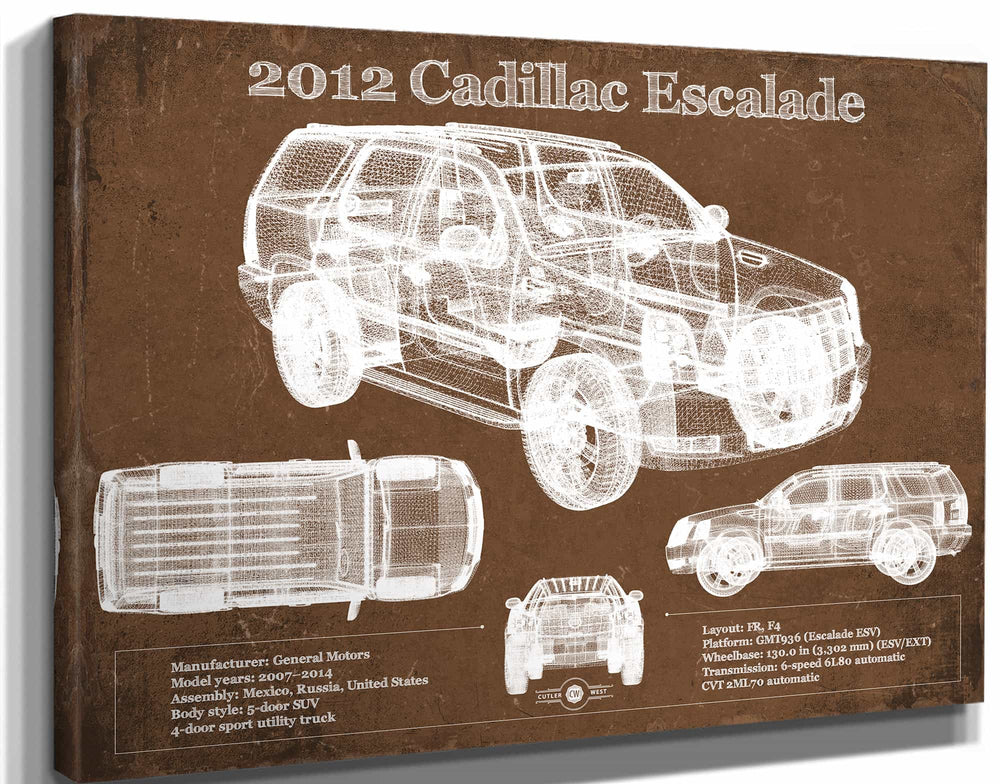 14" x 11" / Stretched Canvas Wrap Cutler West 2012 Cadillac Escalade Blueprint Vintage Auto Print