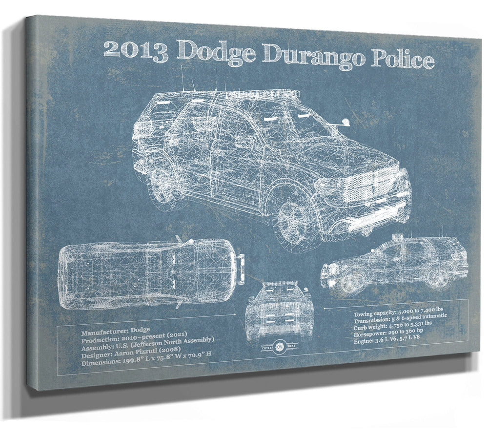 14" x 11" / Stretched Canvas Wrap Cutler West 2013 Dodge Durango Police Blueprint Vintage Auto Print