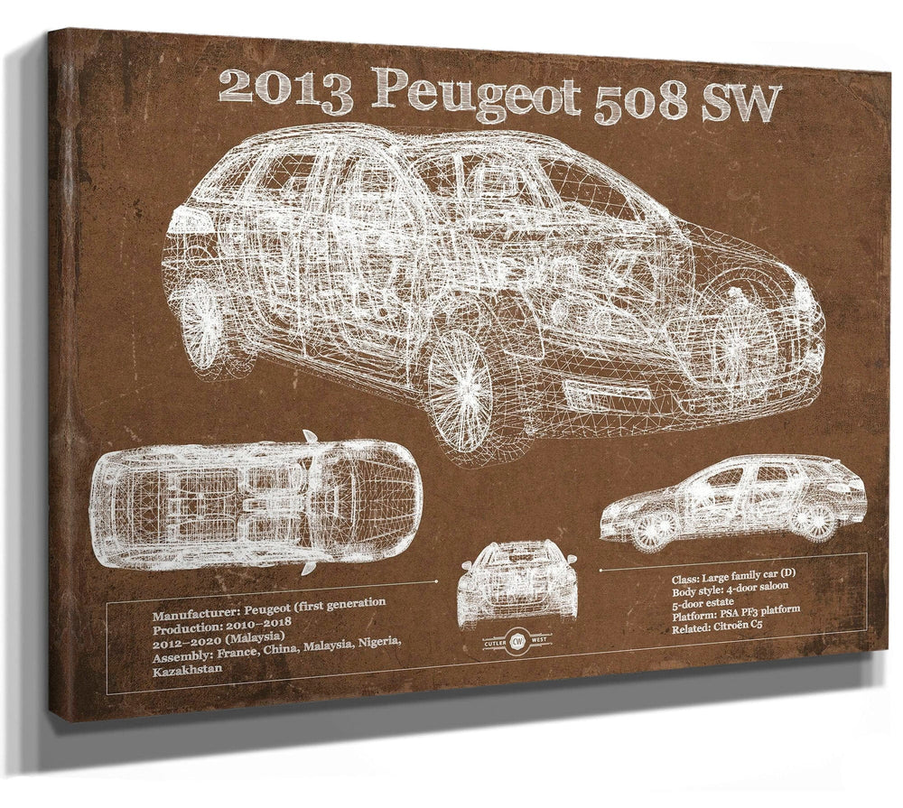 14" x 11" / Stretched Canvas Wrap Cutler West 2013 Peugeot 508 SW Blueprint Vintage Auto Print