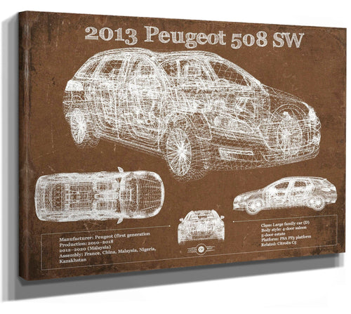 14" x 11" / Stretched Canvas Wrap Cutler West 2013 Peugeot 508 SW Blueprint Vintage Auto Print