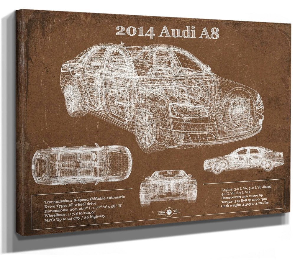 14" x 11" / Stretched Canvas Wrap Cutler West 2014 Audi R8 Vintage Blueprint Auto Print