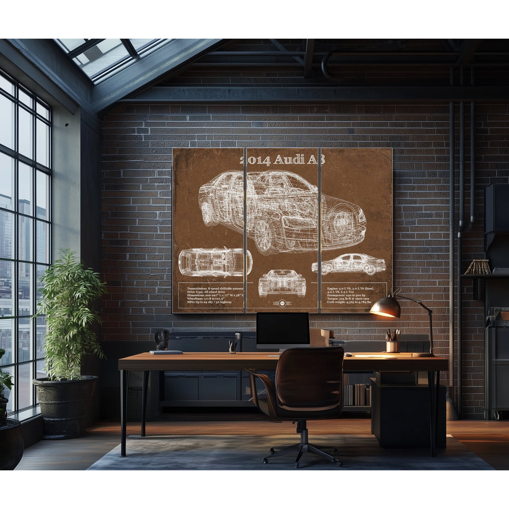 2014 Audi R8 Blueprint Art Print in a distressed Vintage Black wood frame with ornate corners