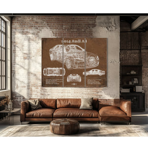 2014 Audi R8 Blueprint Art Print as a 3 panel canvas wrap above a leather sofa