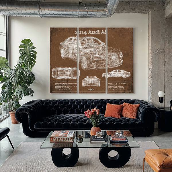2014 Audi R8 Blueprint Art Print as a 3 panel canvas wrap in a modern living room