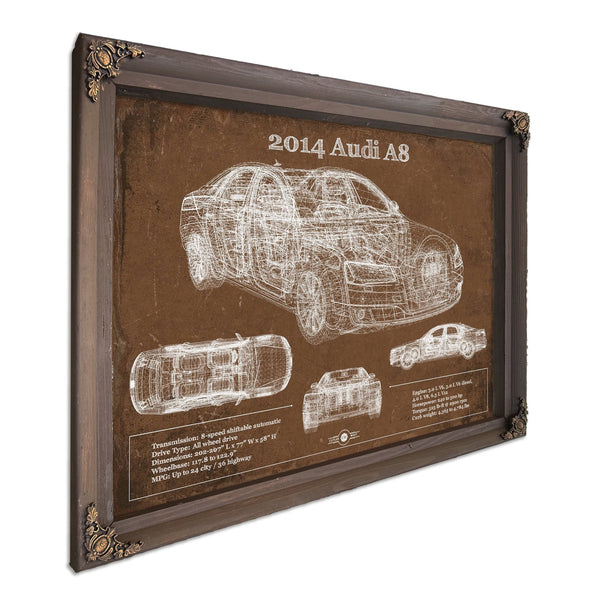 2014 Audi R8 Blueprint Art Print in a Bourbon stained wood frame with antique gold corners
