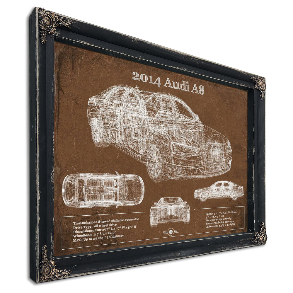 2014 Audi R8 Blueprint Art Print in a distressed Vintage Black wood frame with ornate corners