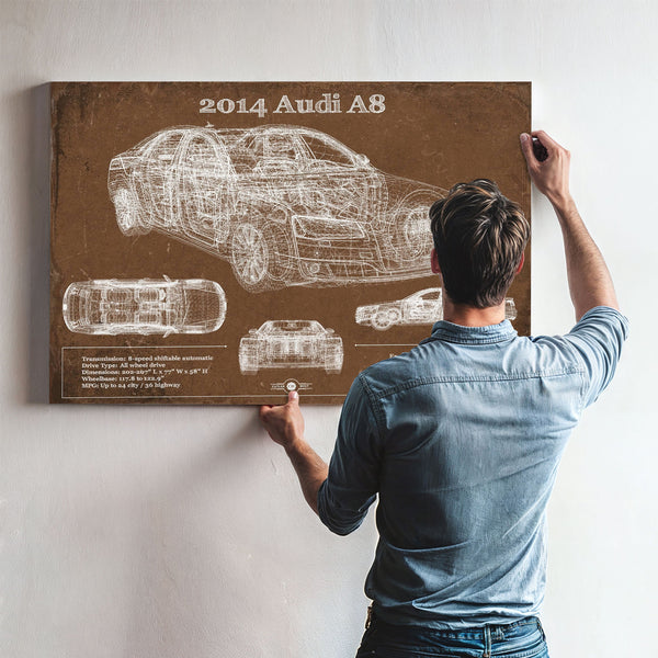 2014 Audi R8 Blueprint Art Print framed in Vintage Black above a mid-century record console
