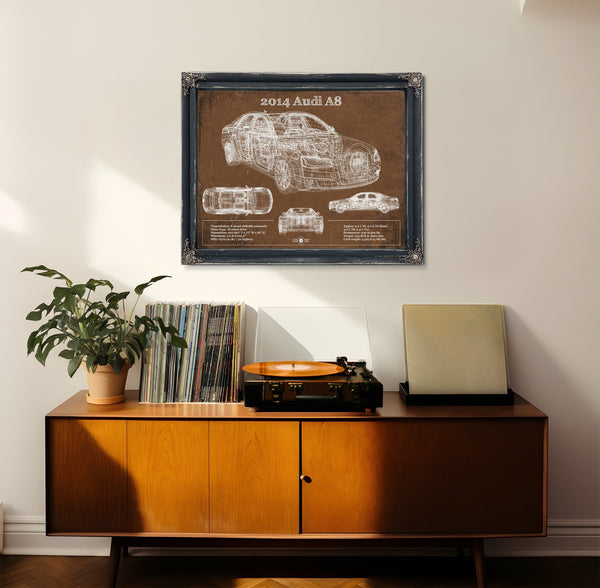 2014 Audi R8 Blueprint Art Print framed in Vintage Black in a loft bedroom