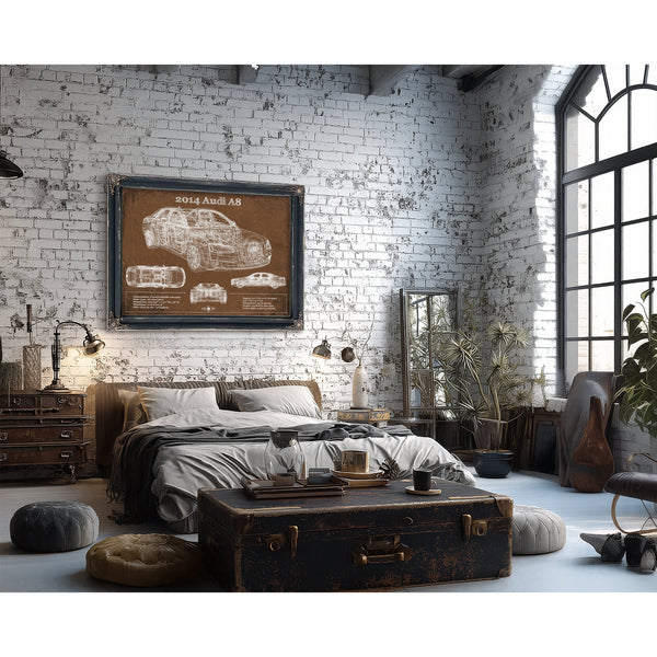 2014 Audi R8 Blueprint Art Print framed in Vintage Black in a farmhouse entryway