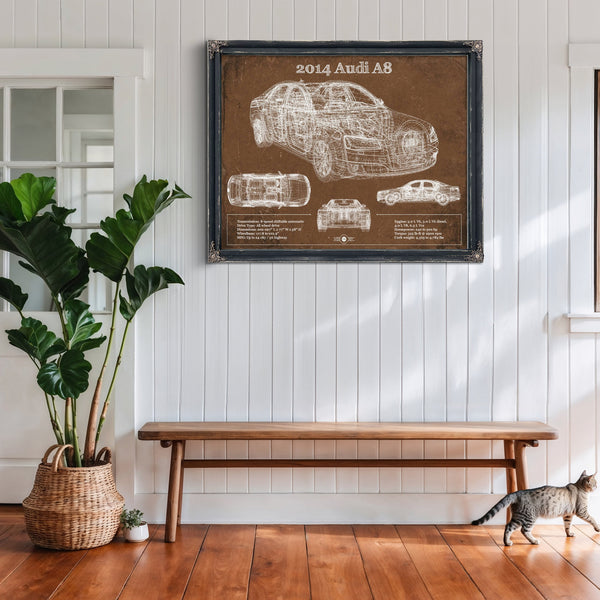 2014 Audi R8 Blueprint Art Print framed in Vintage Black above a rustic console table