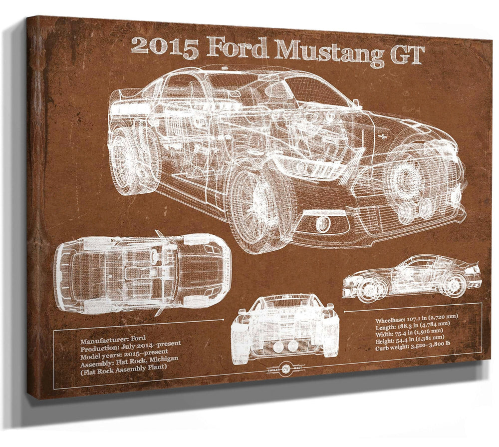 14" x 11" / Stretched Canvas Wrap Cutler West 2015 Ford Mustang GT Eleanor Blueprint Vintage Auto Print