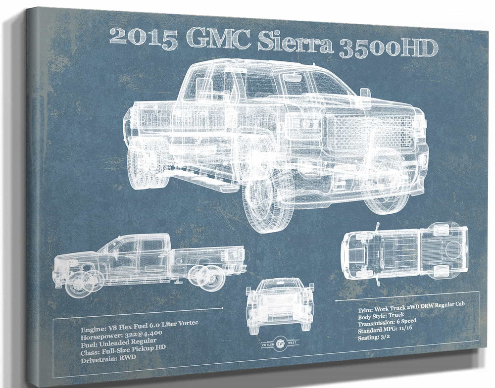 14" x 11" / Stretched Canvas Wrap Cutler West 2015 GMC Sierra 3500HD Vintage Blueprint Auto Print