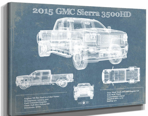14" x 11" / Stretched Canvas Wrap Cutler West 2015 GMC Sierra 3500HD Vintage Blueprint Auto Print