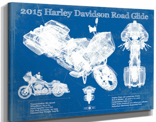 14" x 11" / Stretched Canvas Wrap Cutler West 2015 Harley Davidson Road Glide Blueprint Vintage Motorcycle Print