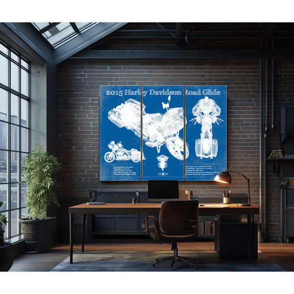 2015 Harley Davidson Road Glide Print as a 3 panel canvas wrap in an industrial loft office