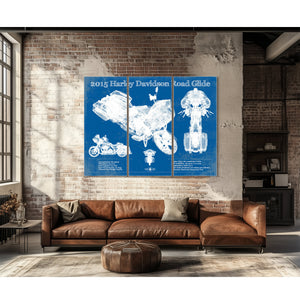 2015 Harley Davidson Road Glide Print as a 3 panel canvas wrap above a leather sofa