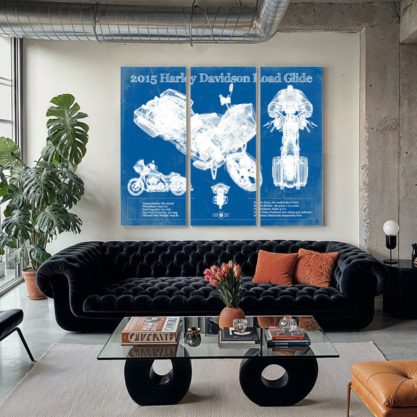 2015 Harley Davidson Road Glide Print as a 3 panel canvas wrap in a modern living room
