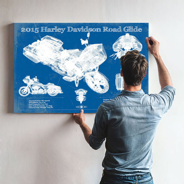 2015 Harley Davidson Road Glide Print framed in Vintage Black above a mid-century record console