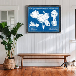 2015 Harley Davidson Road Glide Print framed in Vintage Black above a rustic console table