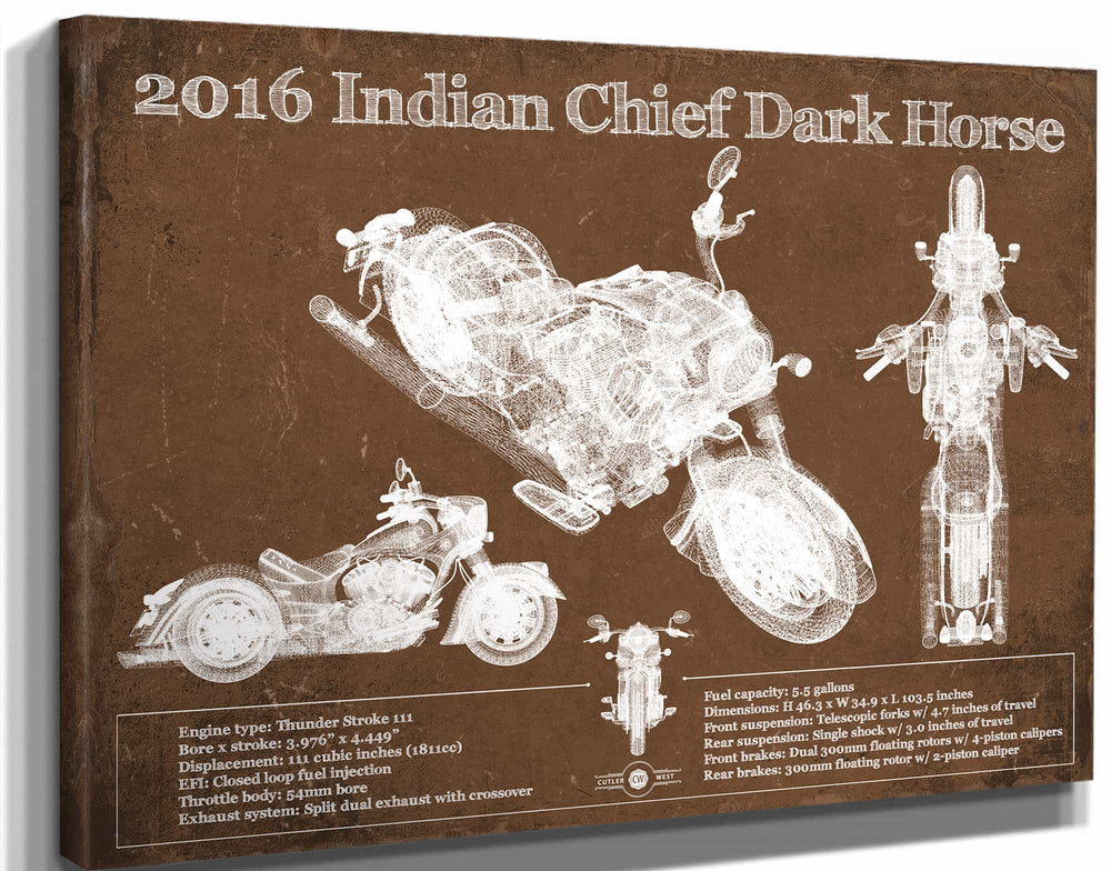 14" x 11" / Stretched Canvas Wrap Cutler West 2016-2019 Indian Chief Dark Horse Motorcycle Patent Print