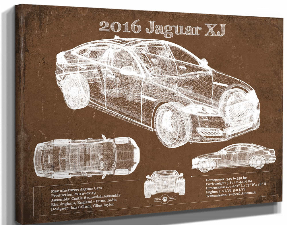 14" x 11" / Stretched Canvas Wrap Cutler West 2016 Jaguar XJ Car Original Blueprint Art