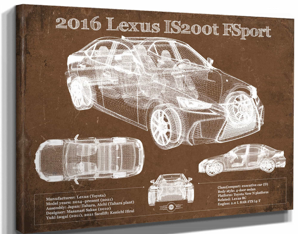 14" x 11" / Stretched Canvas Wrap Cutler West 2016 Lexus IS (XE30) 200t F Sport (2017) Blueprint Auto Print