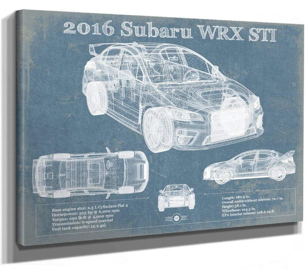 14" x 11" / Stretched Canvas Wrap Cutler West 2016 Subaru WRX STI Blueprint Vintage Auto Print