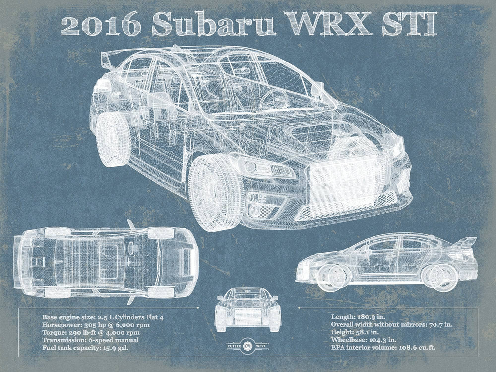 14" x 11" / Stretched Canvas Wrap Cutler West 2016 Subaru WRX STI Blueprint Vintage Auto Print